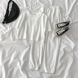 Casual Student Two-piece Suit Summer Women Tracksuit Fashion Short Top+High Waist Harem Ankle Length Pant For Height Under 165cm