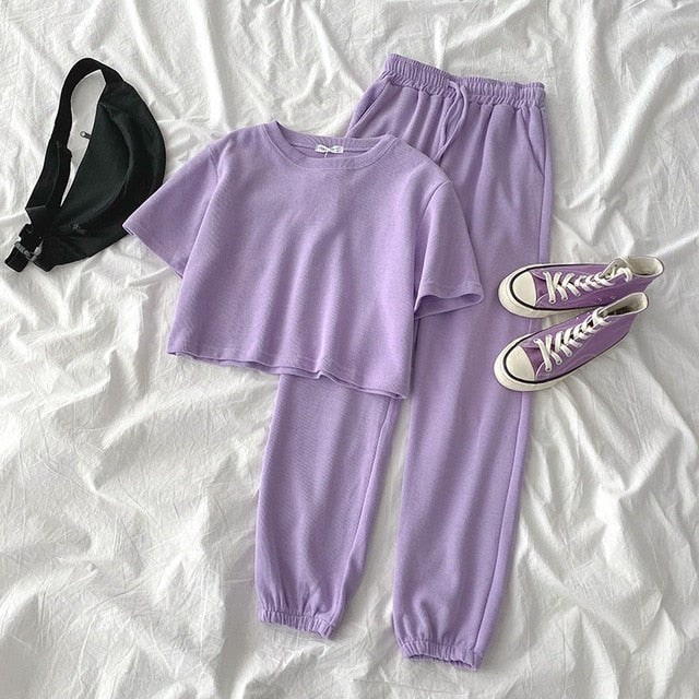 Casual Student Two-piece Suit Summer Women Tracksuit Fashion Short Top+High Waist Harem Ankle Length Pant For Height Under 165cm