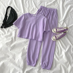 Casual Student Two-piece Suit Summer Women Tracksuit Fashion Short Top+High Waist Harem Ankle Length Pant For Height Under 165cm