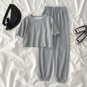 Casual Student Two-piece Suit Summer Women Tracksuit Fashion Short Top+High Waist Harem Ankle Length Pant For Height Under 165cm