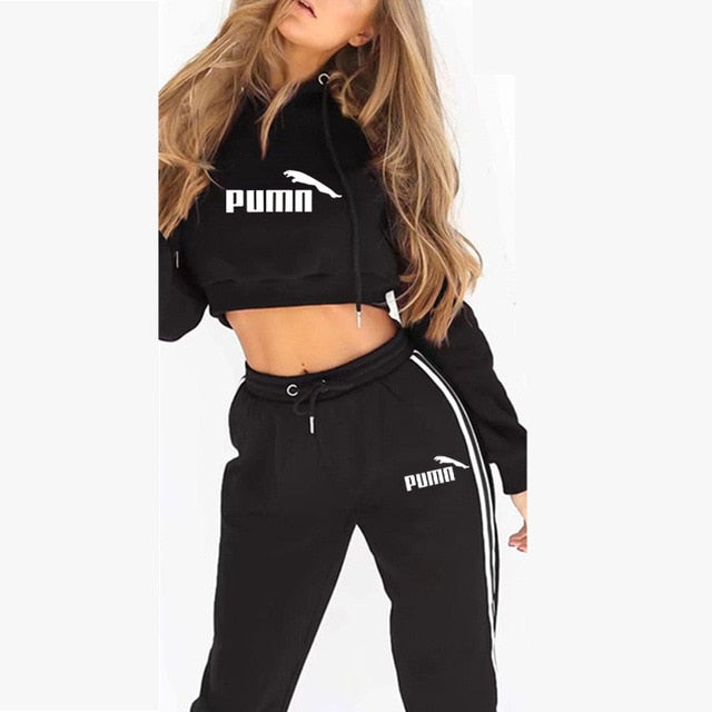 Tracksuit 2 pieces women set hoodies crop top sweatshirt + side stripe pants hooded 2 piece sets women clothing suits female