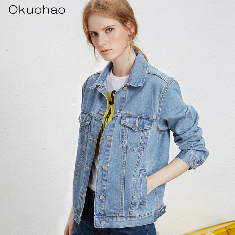 Solid Turn-down Collar Jean Jacket for Women Loose Casual Blue Fashionable Women Coats Female outwear Denim Feminine
