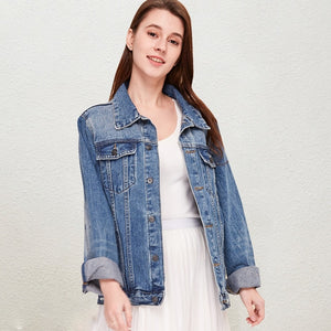 Solid Turn-down Collar Jean Jacket for Women Loose Casual Blue Fashionable Women Coats Female outwear Denim Feminine