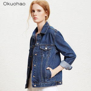 Solid Turn-down Collar Jean Jacket for Women Loose Casual Blue Fashionable Women Coats Female outwear Denim Feminine