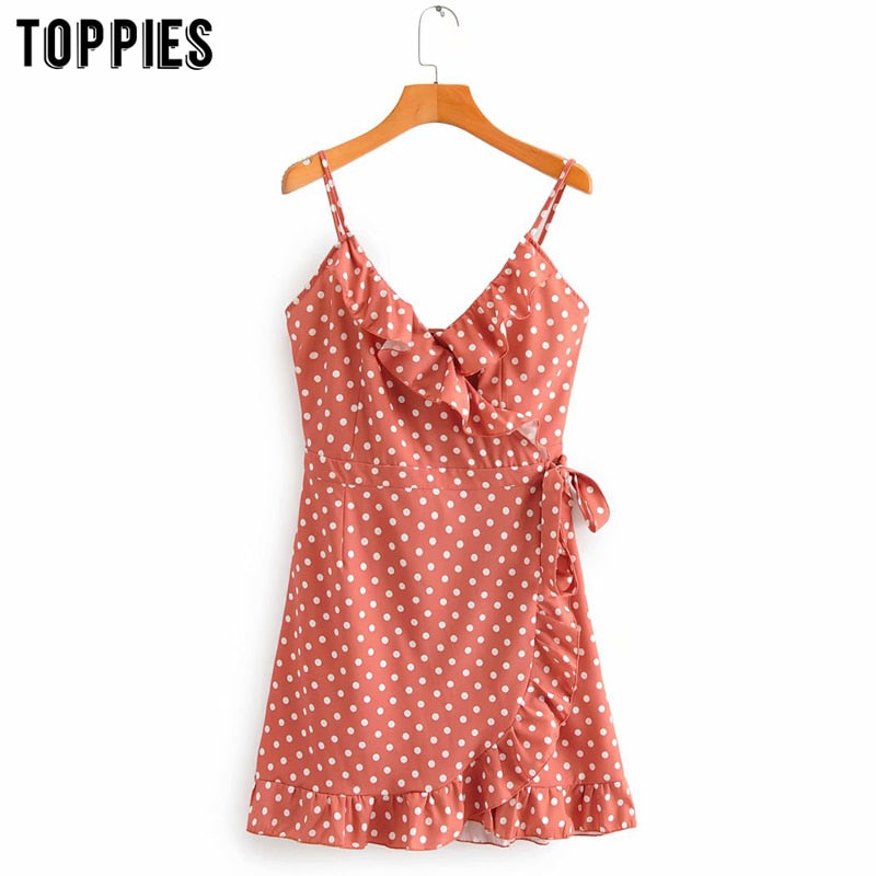 summer wrapped ruffles mini dress sexy camisoles sandy beach dress women slim vestidos polka dot