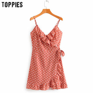 summer wrapped ruffles mini dress sexy camisoles sandy beach dress women slim vestidos polka dot