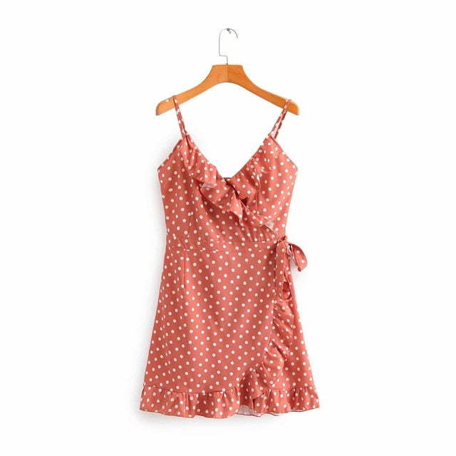 summer wrapped ruffles mini dress sexy camisoles sandy beach dress women slim vestidos polka dot