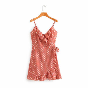 summer wrapped ruffles mini dress sexy camisoles sandy beach dress women slim vestidos polka dot