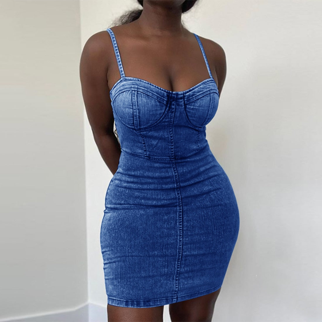 Sexy Women Denim Dress For Streetwear Patchwork Sleeveless Backless Solid Lady Summer Bodycon Strapless Mini Dress