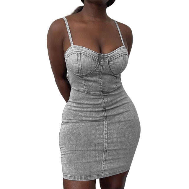 Sexy Women Denim Dress For Streetwear Patchwork Sleeveless Backless Solid Lady Summer Bodycon Strapless Mini Dress
