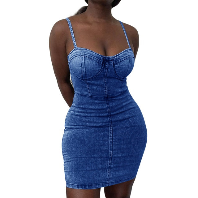 Sexy Women Denim Dress For Streetwear Patchwork Sleeveless Backless Solid Lady Summer Bodycon Strapless Mini Dress