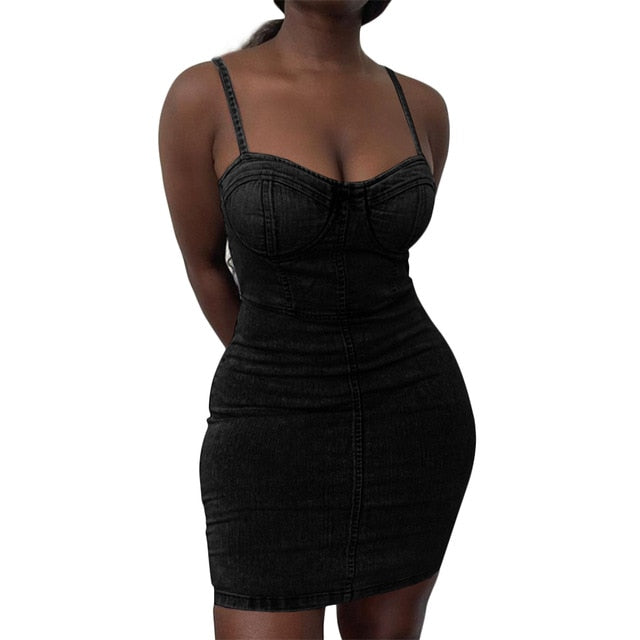 Sexy Women Denim Dress For Streetwear Patchwork Sleeveless Backless Solid Lady Summer Bodycon Strapless Mini Dress