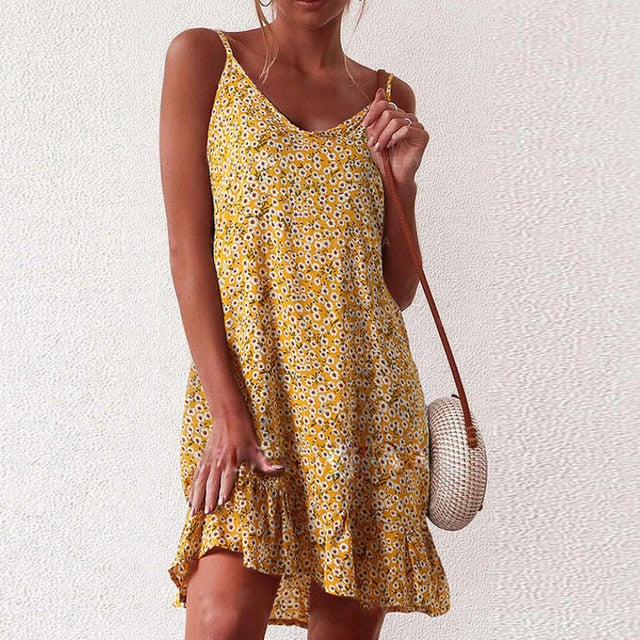 New Off Shoulder Deep V Neck Summer Dress 2020 Elegant Polka Dot Floral Print Dresses For Women Sexy Backless Ruffle Party Dress