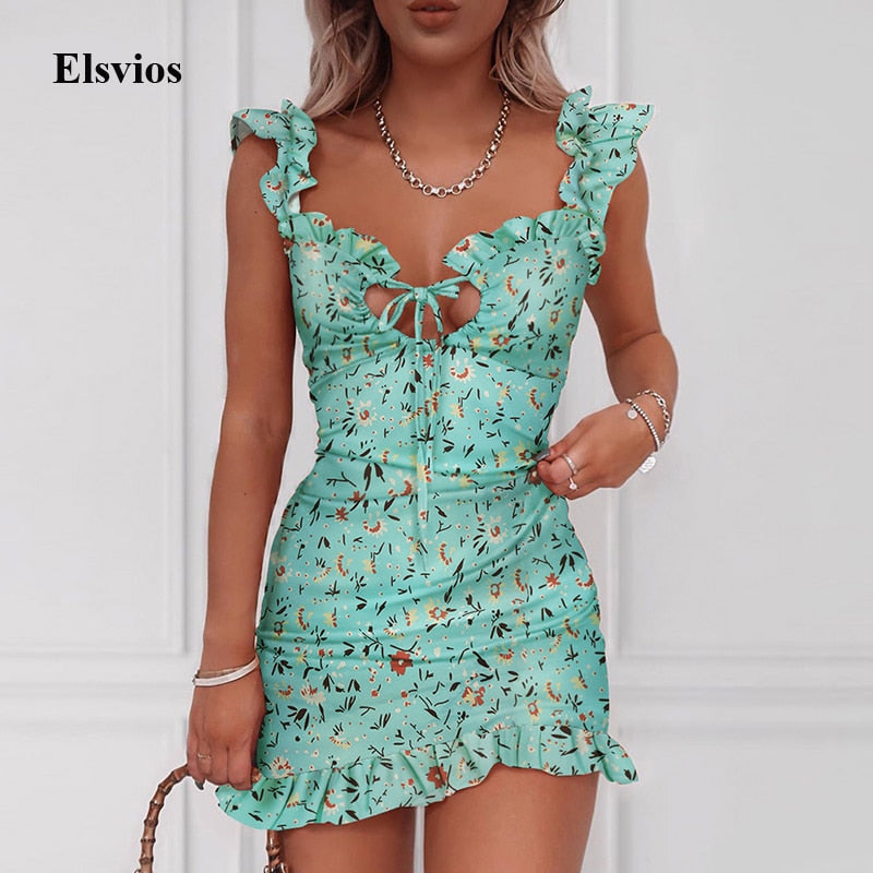 Elegant Floral Print Ruffle Straps Dress Women Summer Off Shoulder Sleeveless Mini Dress Sexy Slim Bodycon Party Dress Vestidos