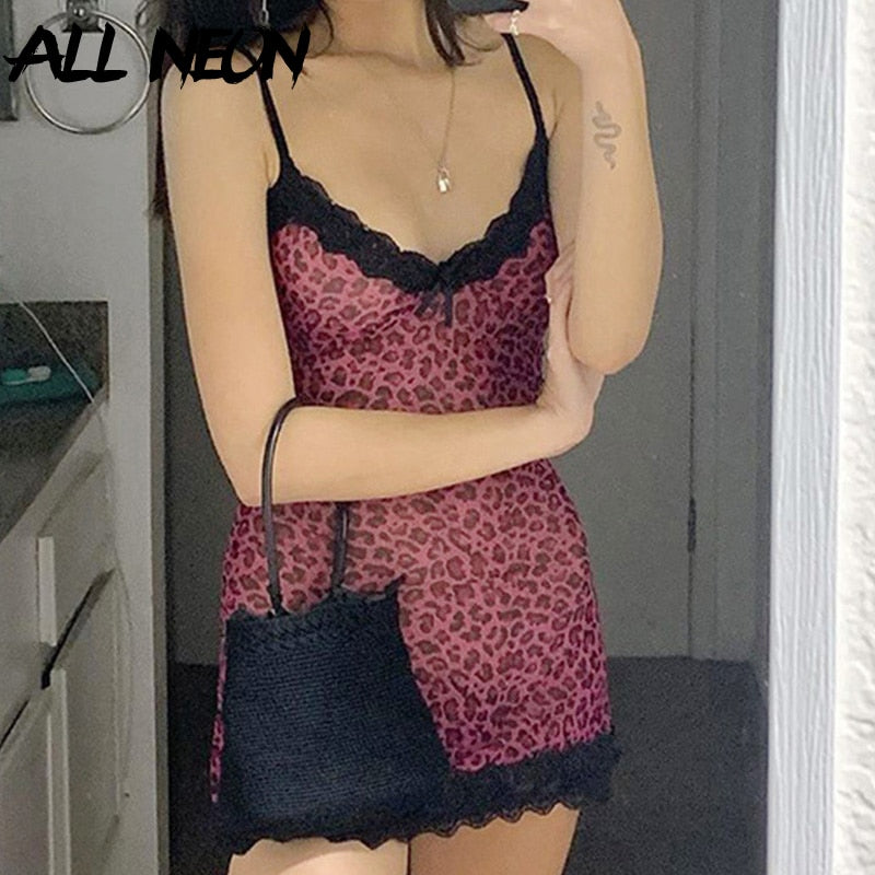 ALLNeon Y2K Aesthetics Lace Trim Leopard Printing Party Cami Dresses E-girl Spaghetti Strap V-neck Lace Hem A-line Mini Dress