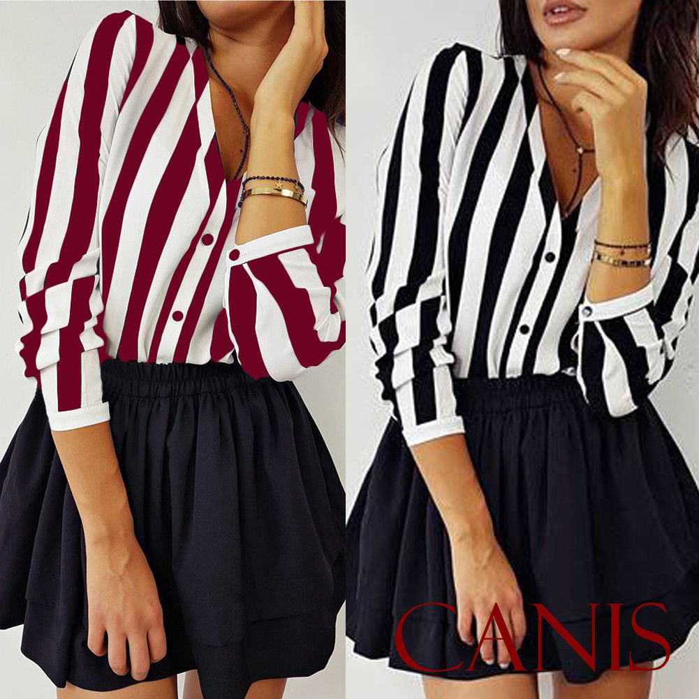Summer Fashion  Elegant V Neck Button Blouse OL Casual Loose Tops Sexy Women Striped Vintage Shirt