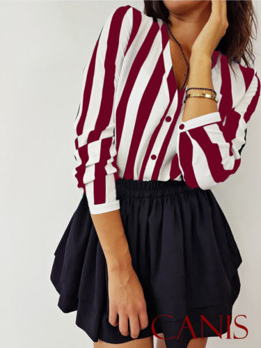 Summer Fashion  Elegant V Neck Button Blouse OL Casual Loose Tops Sexy Women Striped Vintage Shirt