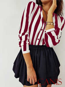 Summer Fashion  Elegant V Neck Button Blouse OL Casual Loose Tops Sexy Women Striped Vintage Shirt
