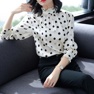 Long-sleeved Plus Size Polka Dot Pattern Printed Shirt Female High Collar Diamond Button Temperament Blouses Women 2020 Spring