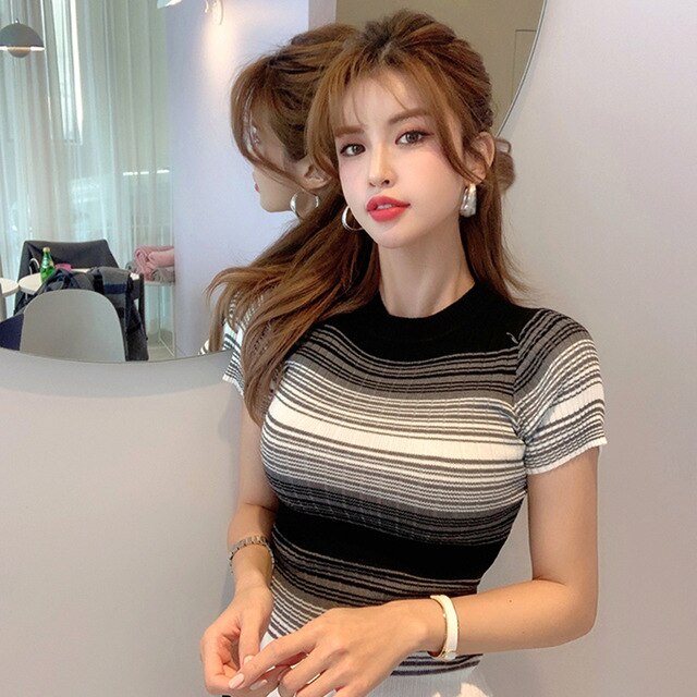 summer autumn woman's sexy sweater dress women above knee short sleeve stripe knit sheath mini dress female