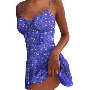 Summer Tie Front V Neck Dresses Ladies Floral Print Bohemian High Waist Mini Dress Sleeveless Plus Size Beach Dress