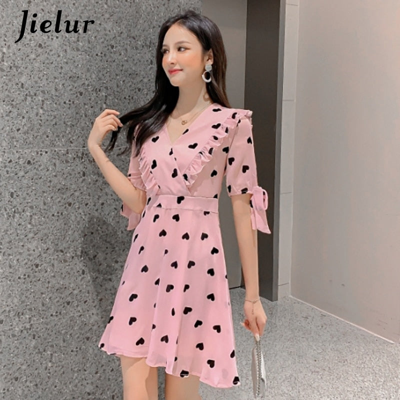 Jielur Women Summer Chiffon Dresses Pink Print V-neck Lace-up Short Sleeved Dress Ladies Young Grace Sweet Vestidos Verano 2020