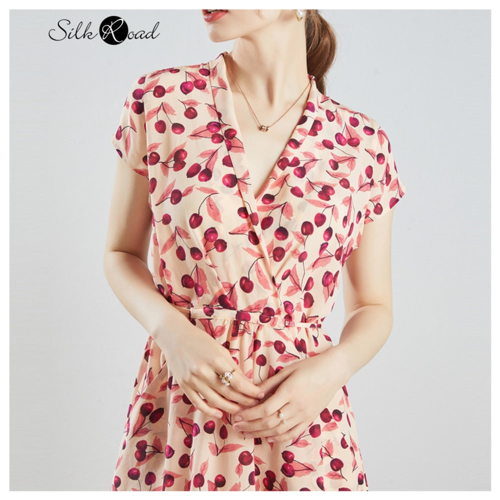 Silviye Temperament V-neck silk dress women's mulberry silk young French small cherry print waist show thin A-line dress