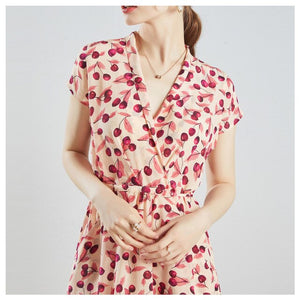 Silviye Temperament V-neck silk dress women's mulberry silk young French small cherry print waist show thin A-line dress