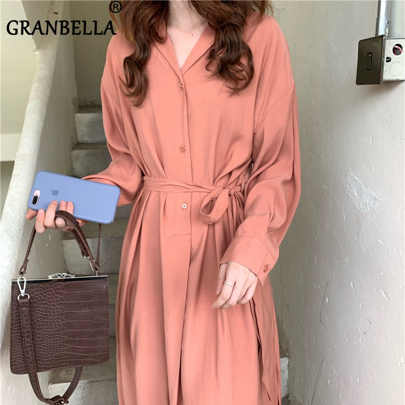 Loose Mid-Length V-neck Young Ladies Summer Dress 2020 Long Sleeve Single-breasted Feminine Clothes Solid Fashion Shirt Dress