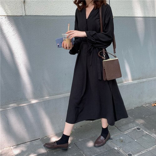 Loose Mid-Length V-neck Young Ladies Summer Dress 2020 Long Sleeve Single-breasted Feminine Clothes Solid Fashion Shirt Dress