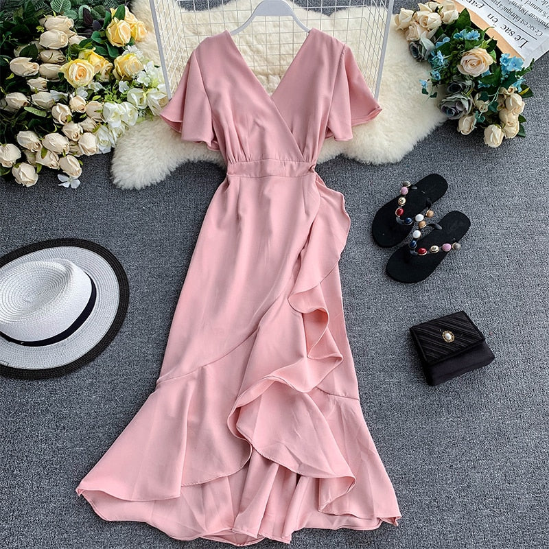 Young Gee Elegant Ruffles Mermaid Women Dress Ruched Summer Office Pink Red Black V-neck Knee-length Dresses vestidos de verano