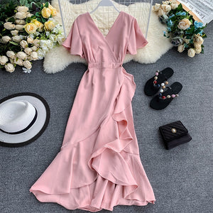 Young Gee Elegant Ruffles Mermaid Women Dress Ruched Summer Office Pink Red Black V-neck Knee-length Dresses vestidos de verano