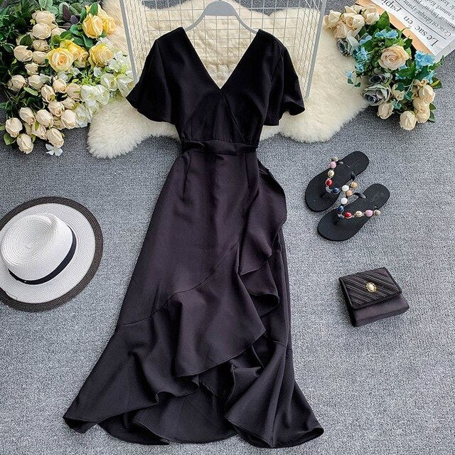 Young Gee Elegant Ruffles Mermaid Women Dress Ruched Summer Office Pink Red Black V-neck Knee-length Dresses vestidos de verano