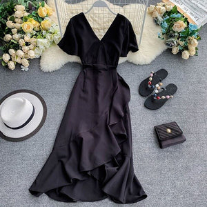 Young Gee Elegant Ruffles Mermaid Women Dress Ruched Summer Office Pink Red Black V-neck Knee-length Dresses vestidos de verano