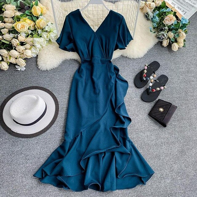 Young Gee Elegant Ruffles Mermaid Women Dress Ruched Summer Office Pink Red Black V-neck Knee-length Dresses vestidos de verano