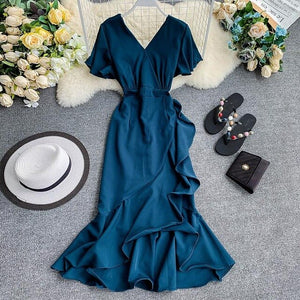 Young Gee Elegant Ruffles Mermaid Women Dress Ruched Summer Office Pink Red Black V-neck Knee-length Dresses vestidos de verano
