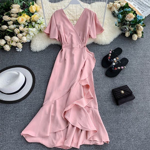 Young Gee Elegant Ruffles Mermaid Women Dress Ruched Summer Office Pink Red Black V-neck Knee-length Dresses vestidos de verano