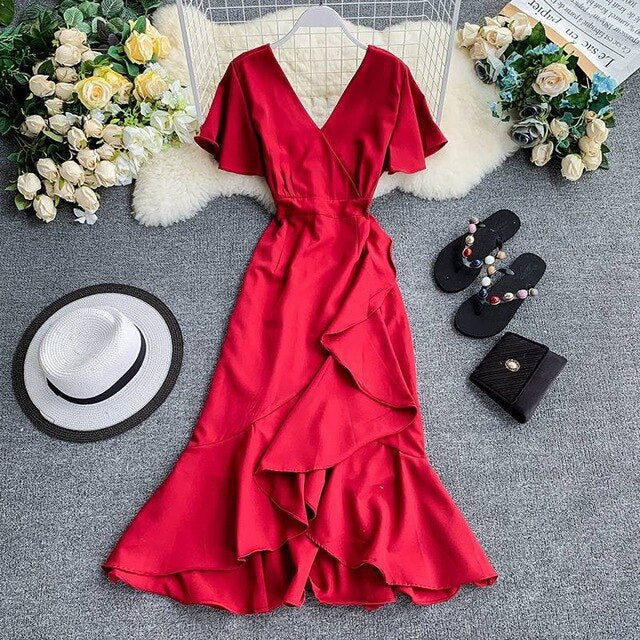 Young Gee Elegant Ruffles Mermaid Women Dress Ruched Summer Office Pink Red Black V-neck Knee-length Dresses vestidos de verano