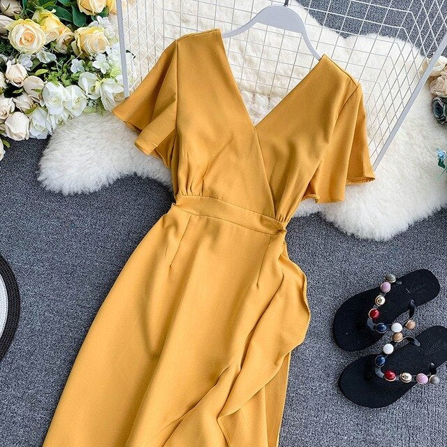 Young Gee Elegant Ruffles Mermaid Women Dress Ruched Summer Office Pink Red Black V-neck Knee-length Dresses vestidos de verano