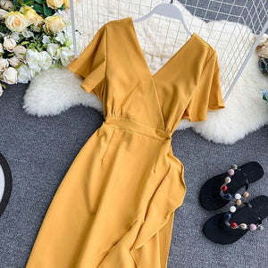 Young Gee Elegant Ruffles Mermaid Women Dress Ruched Summer Office Pink Red Black V-neck Knee-length Dresses vestidos de verano