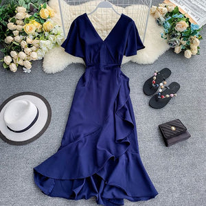 Young Gee Elegant Ruffles Mermaid Women Dress Ruched Summer Office Pink Red Black V-neck Knee-length Dresses vestidos de verano